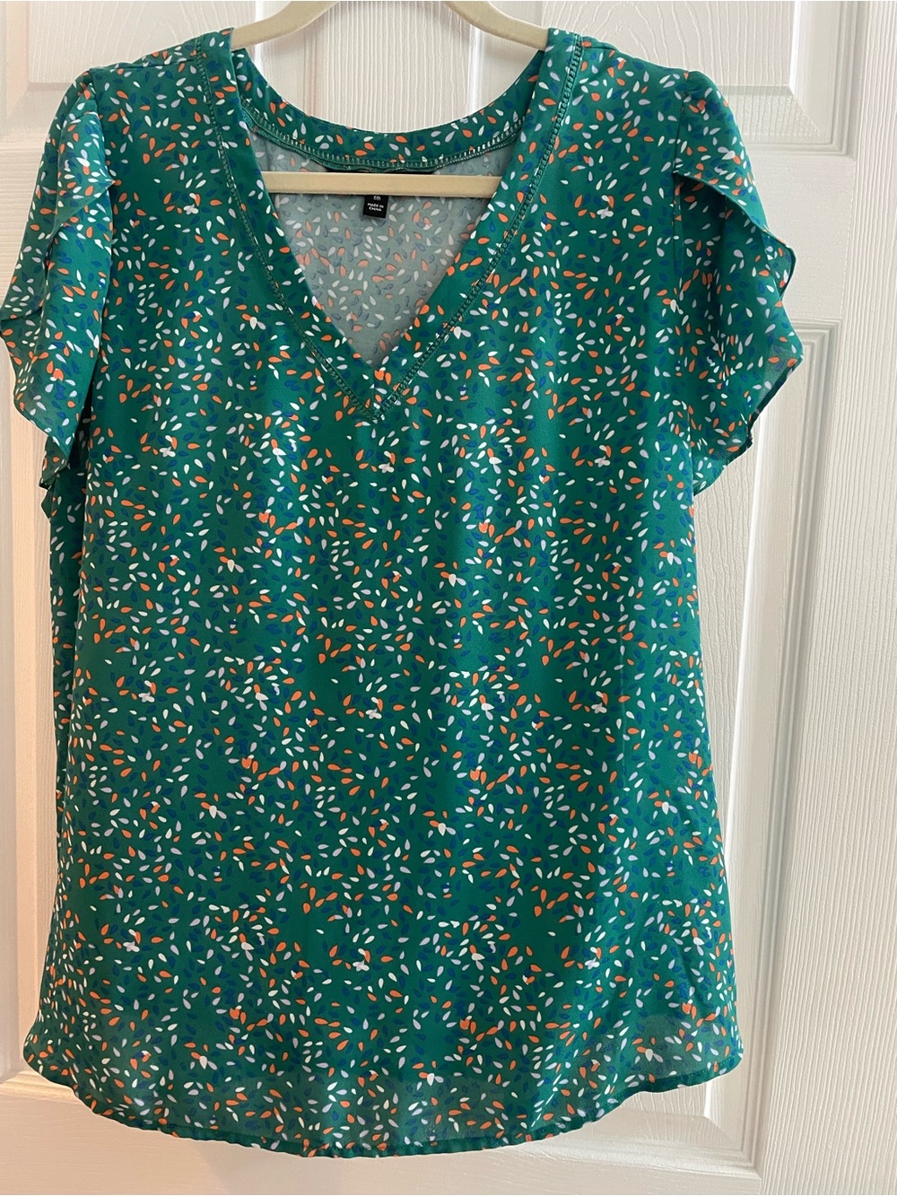 41 Hawthorn Teal V-Neck Flutter Sleeve Blouse with White and Orange Print
